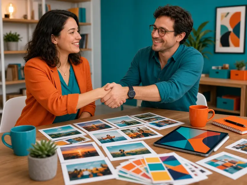 Illustrative image: a client and a creative shaking hands over printed photos